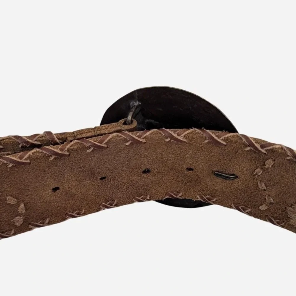 Chico's Brown Embossed Leather Belt Large Brass Concho Buckle OS - Picture 5 of 8